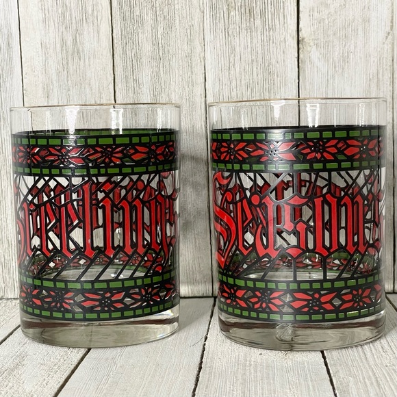 HOUZE Seasons Greetings Stained Glass Gold Rimmed Lowball Glass Tumbler Set - Picture 4 of 8